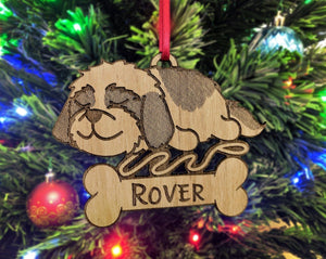 PET GIFTS Shih tzu Havanese Personalized Engraved Cute Sleeping Dog Wood Ornament for Dog Mom Pet Dad Kids First Puppy Holiday Decoration Gift for her