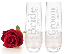 WEDDINGS Bride Groom Set of 2 Stemless Champagne Flutes Personalized Engraved Gifts for Women Couples Table Centerpiece Anniversary Decor Gift