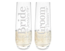 WEDDINGS Bride Groom Set of 2 Stemless Champagne Flutes Personalized Engraved Gifts for Women Couples Table Centerpiece Anniversary Decor Gift