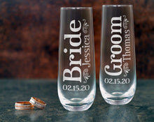 WEDDINGS Bride Groom Set of 2 Stemless Champagne Flutes Personalized Engraved Gifts for Women Couples Table Centerpiece Anniversary Decor Gift
