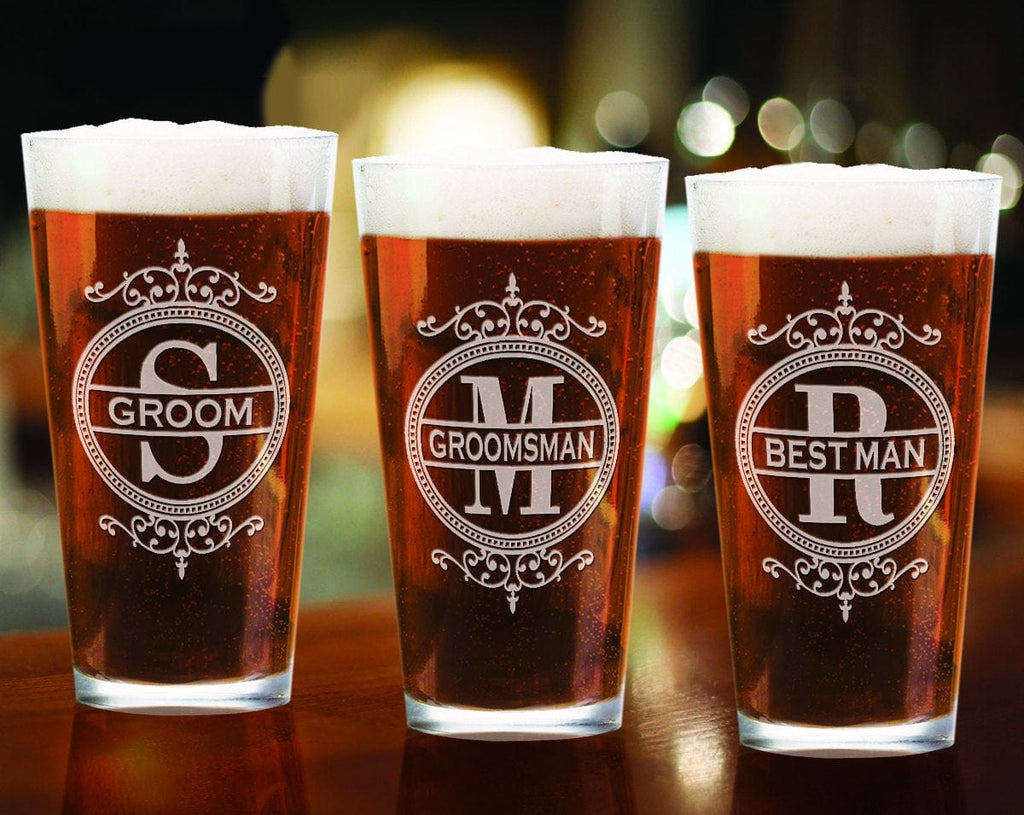 Personalized Beer Can Glasses - Groomsmen Wedding Party - Custom Engraved and Monogrammed