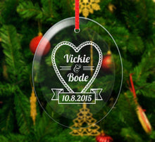 WEDDINGS Couple Heart Glass Christmas Ornament Personalized Him Her Couples Gift Love Engraved Names Date Wedding Married Engagement Anniversary