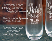 WEDDINGS Custom Engraved Stemless Champagne Glasses Set of 2 Bride Groom Wedding Decorations for Party 55th Anniversary Gift Newlywed Bridal Shower