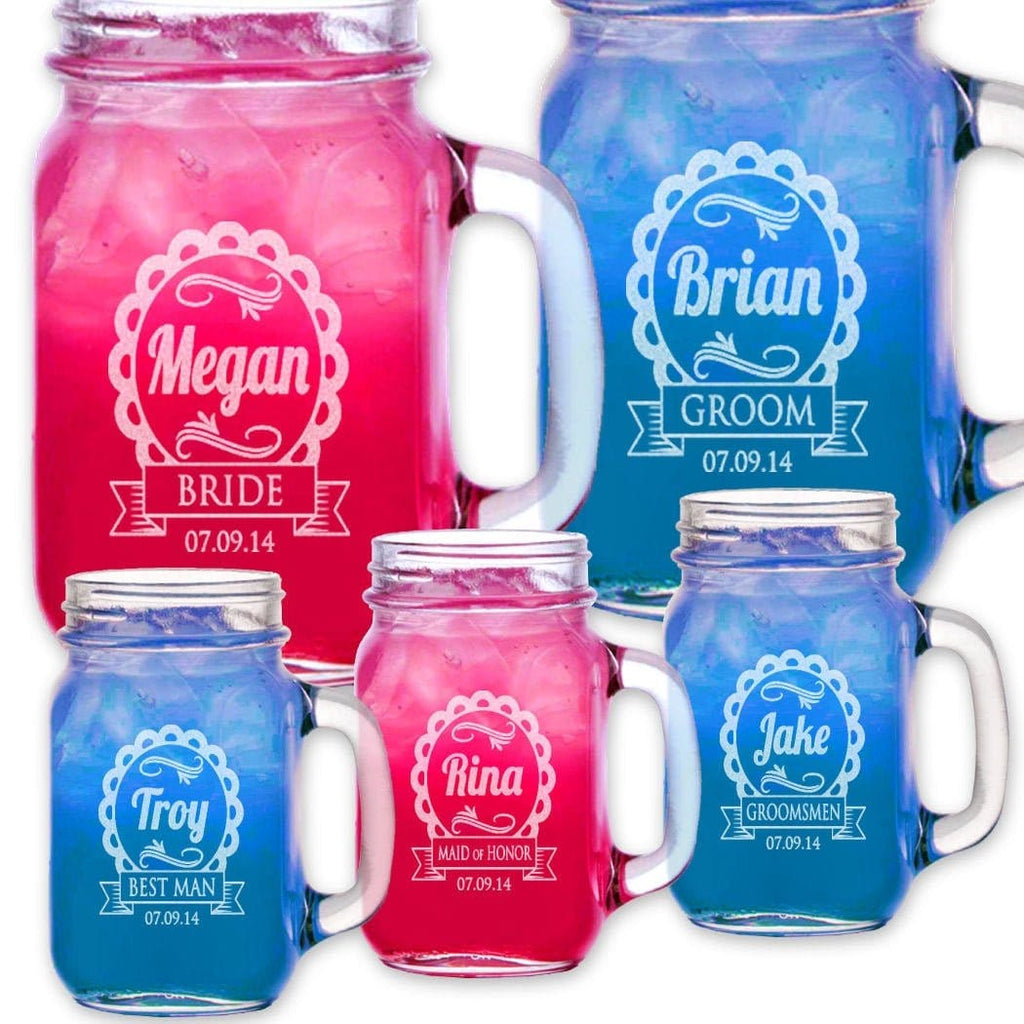 Cute Wedding Party Personalized Mugs Mason Jars with Handle Engraved G–  Stocking Factory