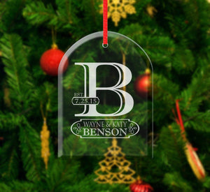 WEDDINGS Family Name Initial Monogram Christmas Ornament Etched First Christmas Glass Gift For Husband Wife Couple Love Personalize Name Date Wedding