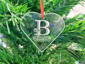WEDDINGS Family Name Initial Monogram Christmas Ornament Etched First Christmas Glass Gift For Husband Wife Couple Love Personalize Name Date Wedding