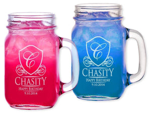 WEDDINGS Heraldic Initial SINGLE Birthday Gift Idea Mason Jars with Handle Mug Drinking Glasses for Mom Best Friend Her Sister Couple Party Favor