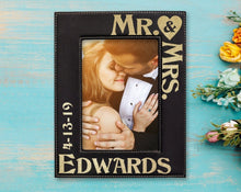 WEDDINGS Personalized Mr & Mrs Picture Frame Wedding Gift for Newlywed Couple Custom Engraved Gold or Silver Leather Frame Customized with Last Name