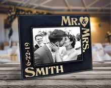 WEDDINGS Personalized Mr & Mrs Picture Frame Wedding Gift for Newlywed Couple Custom Engraved Gold or Silver Leather Frame Customized with Last Name