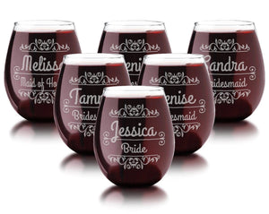 WEDDINGS Stemless SINGLE Personalized Engraved Wine Glass Rustic Wedding Party Decor Favor Bridal Shower Bridesmaid Wedding Parent Gift Newly Married