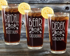WEDDINGS Wedding Day ONE Fleur de lis Pub Glass 16Oz Team Groom Bridal Party Barware Engraved Gifts for Groomsmen Bridesmaid Wedding Party Decor Gift