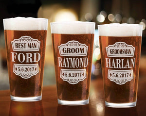 WEDDINGS Wedding Party SINGLE Shield Pub Glass Best Man Father of Bride Groomsman Gift from Groom Personalized Engraved Men Bachelor Party Idea