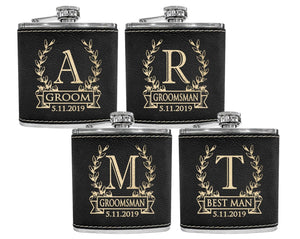WEDDINGS Wreathe Single Monogram Initial Engraved Stainless Steel Flask Personalized Groomsmen Gift Father of Bride Present Fathers Day Dad Papa Pop