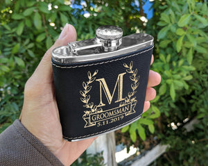 WEDDINGS Wreathe Single Monogram Initial Engraved Stainless Steel Flask Personalized Groomsmen Gift Father of Bride Present Fathers Day Dad Papa Pop