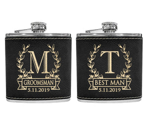 WEDDINGS Wreathe Single Monogram Initial Engraved Stainless Steel Flask Personalized Groomsmen Gift Father of Bride Present Fathers Day Dad Papa Pop