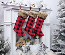 Buffalo Plaid Christmas Stockings | Soft Long Plush & Fleece Lined Inside Red Black Check Cabin Rustic Decor Personalized Name Tag