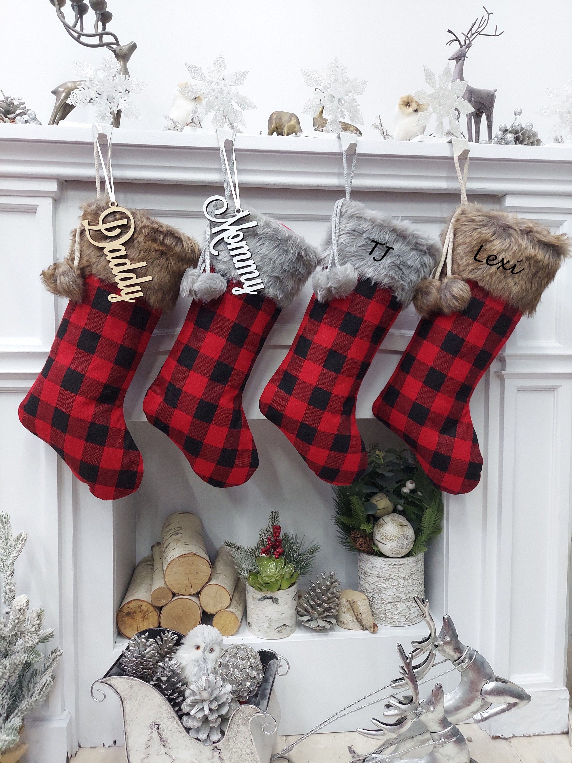 CHRISTMAS STOCKINGS 19" Buffalo Plaid Brown & Grey Faux Fur Christmas Stockings | Red Black Check Cabin Farmhouse Outdoorsmen Personalized  Family Name Tag Wood