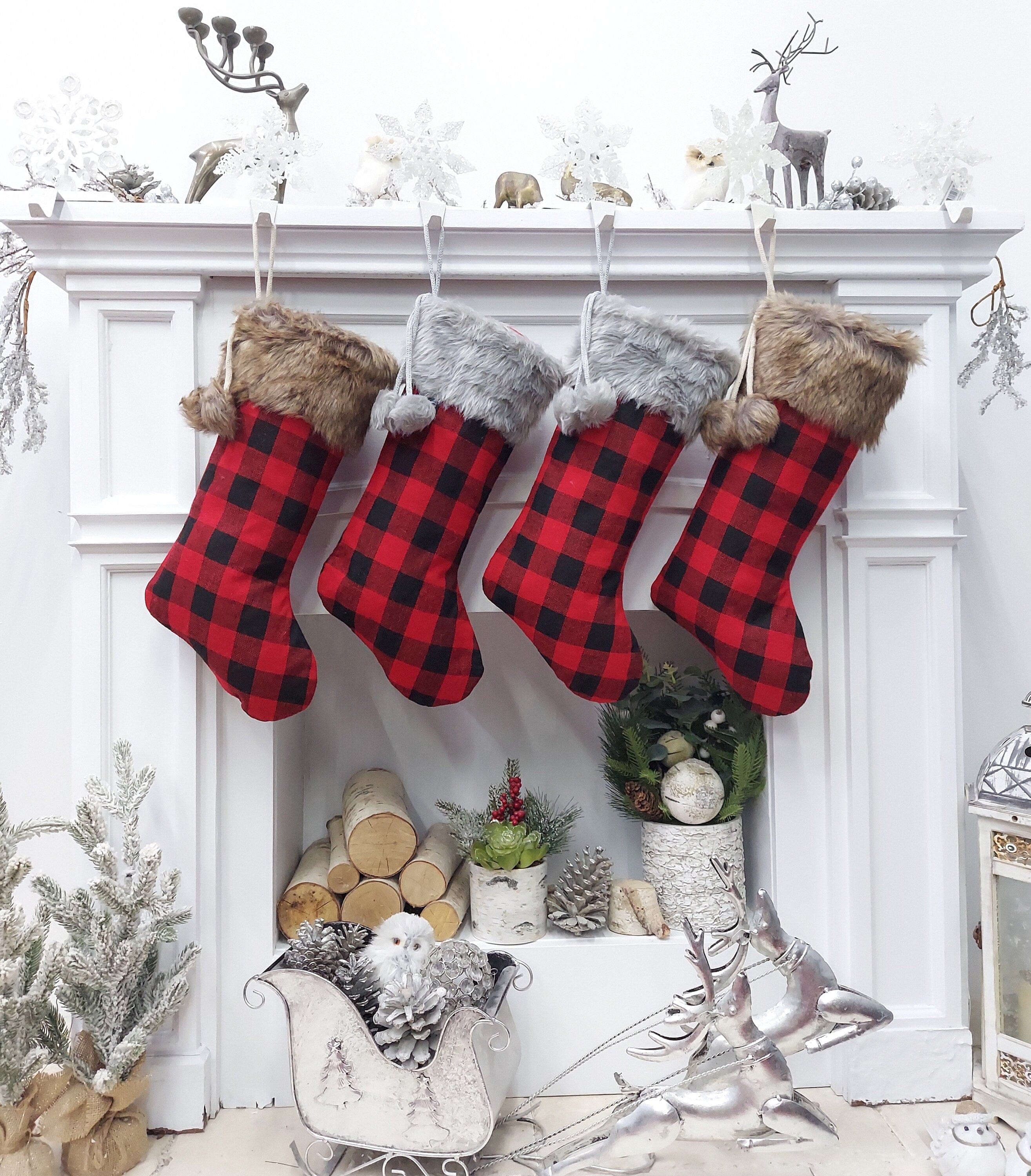 CHRISTMAS STOCKINGS 19" Buffalo Plaid Brown & Grey Faux Fur Christmas Stockings | Red Black Check Cabin Farmhouse Outdoorsmen Personalized  Family Name Tag Wood