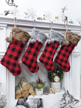 CHRISTMAS STOCKINGS 19" Buffalo Plaid Brown & Grey Faux Fur Christmas Stockings | Red Black Check Cabin Farmhouse Outdoorsmen Personalized  Family Name Tag Wood