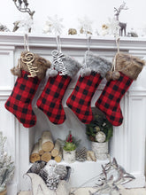 CHRISTMAS STOCKINGS 19" Buffalo Plaid Brown & Grey Faux Fur Christmas Stockings | Red Black Check Cabin Farmhouse Outdoorsmen Personalized  Family Name Tag Wood