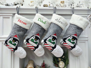 CHRISTMAS STOCKINGS 19" Cute Penguin and Snowflakes Christmas Stocking | Grey White Present Fur Kids Adorable Personalized Name Embroidered Wood Tag