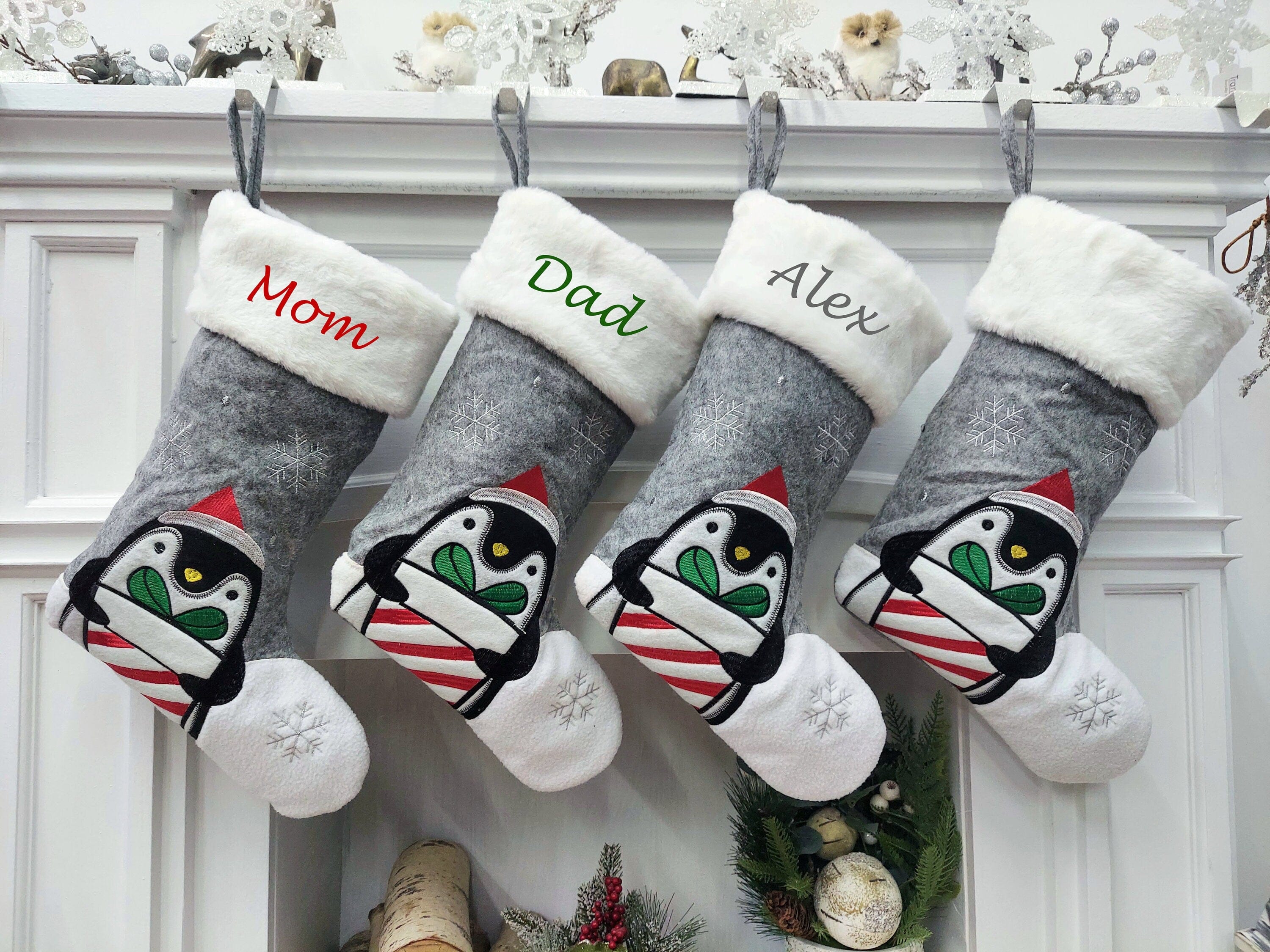 CHRISTMAS STOCKINGS 19" Cute Penguin and Snowflakes Christmas Stocking | Grey White Present Fur Kids Adorable Personalized Name Embroidered Wood Tag