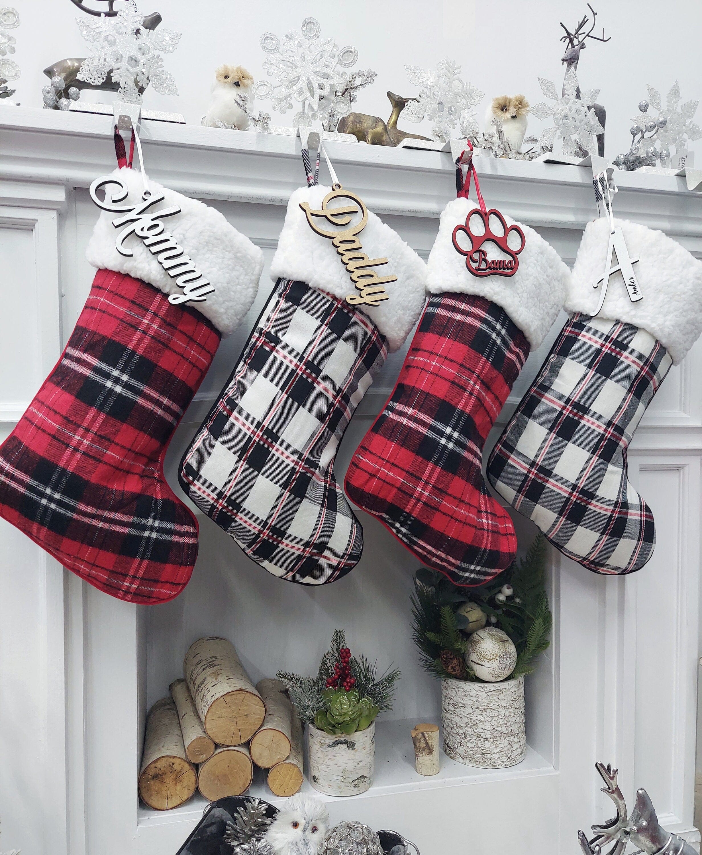 CHRISTMAS STOCKINGS 19" Red/Black/White Plaid Christmas Stockings with Sherpa Cuff Modern Farmhouse Personalized Stockings Family Xmas Tartan Wood Name Tag