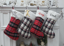 CHRISTMAS STOCKINGS 19" Red/Black/White Plaid Christmas Stockings with Sherpa Cuff Modern Farmhouse Personalized Stockings Family Xmas Tartan Wood Name Tag
