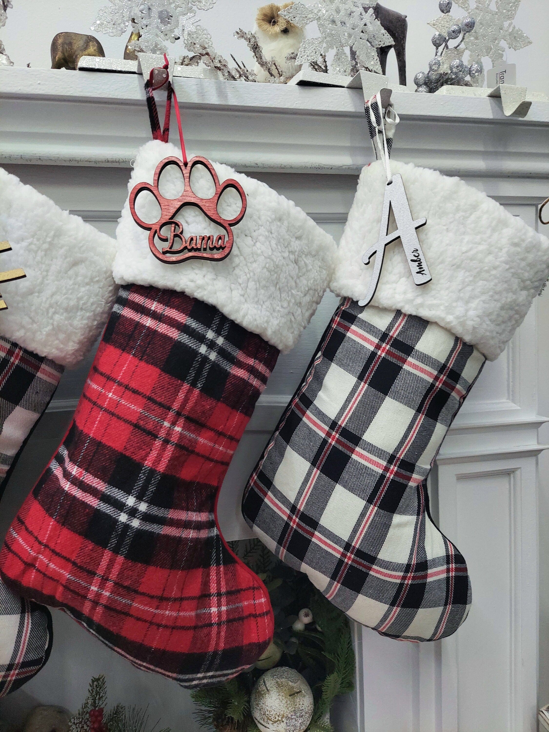 CHRISTMAS STOCKINGS 19" Red/Black/White Plaid Christmas Stockings with Sherpa Cuff Modern Farmhouse Personalized Stockings Family Xmas Tartan Wood Name Tag