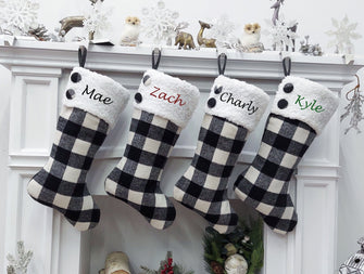 CHRISTMAS STOCKINGS 20" Black/Ivory Buffalo Plaid Christmas Stockings | Sherpa Cuff Rustic Buttons  Modern Farmhouse Tartan Personalized Embroidered Name Tag