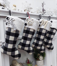 CHRISTMAS STOCKINGS 20" Black/Ivory Buffalo Plaid Christmas Stockings | Sherpa Cuff Rustic Buttons  Modern Farmhouse Tartan Personalized Embroidered Name Tag