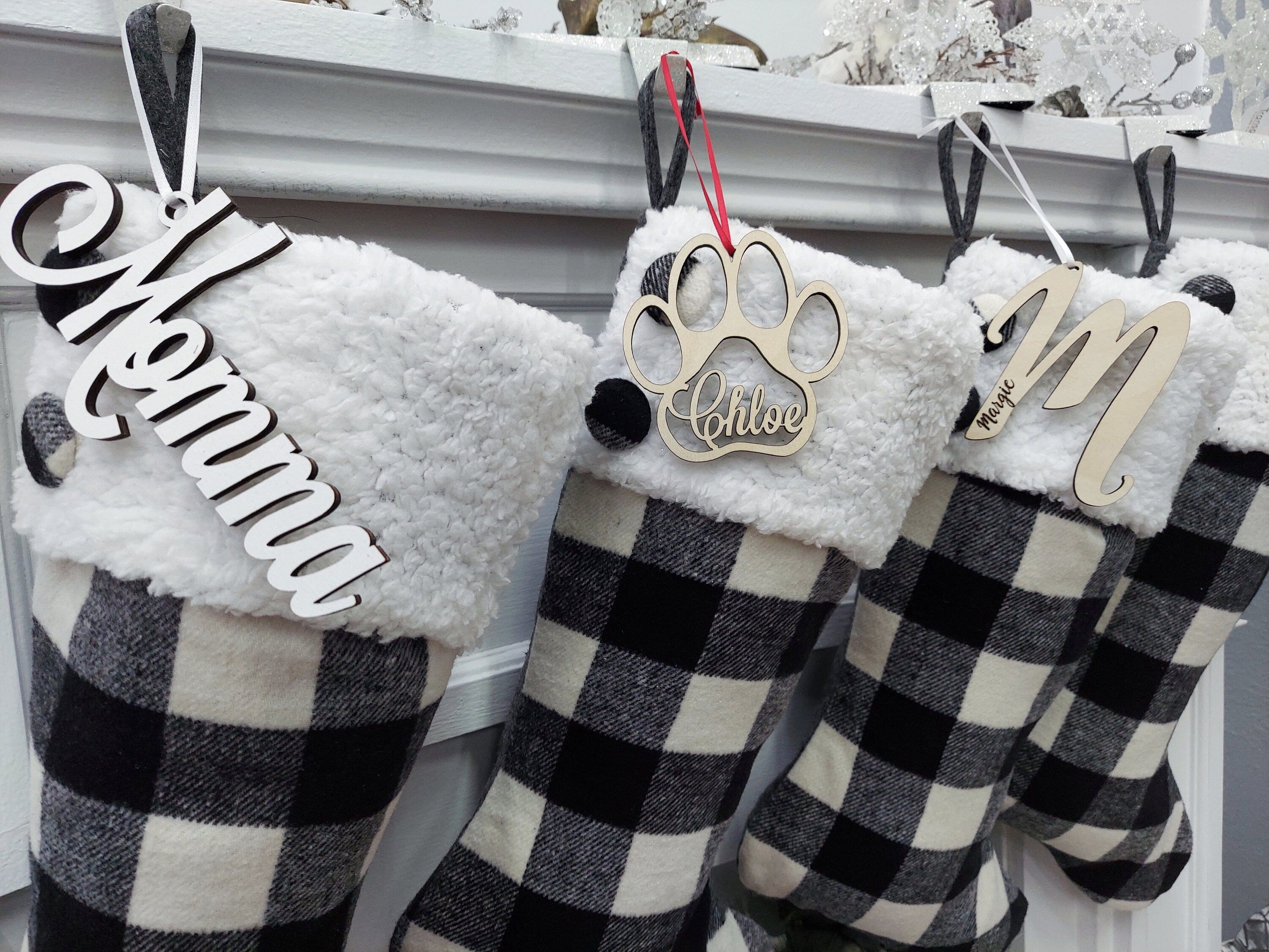 CHRISTMAS STOCKINGS 20" Black/Ivory Buffalo Plaid Christmas Stockings | Sherpa Cuff Rustic Buttons  Modern Farmhouse Tartan Personalized Embroidered Name Tag