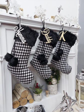 CHRISTMAS STOCKINGS 20" Black White Plaid Christmas Stocking | Knit Faux Fur Pom Poms Two Tone Chic Monochromatic Holiday Decor Personalized Embroidery Name Tag