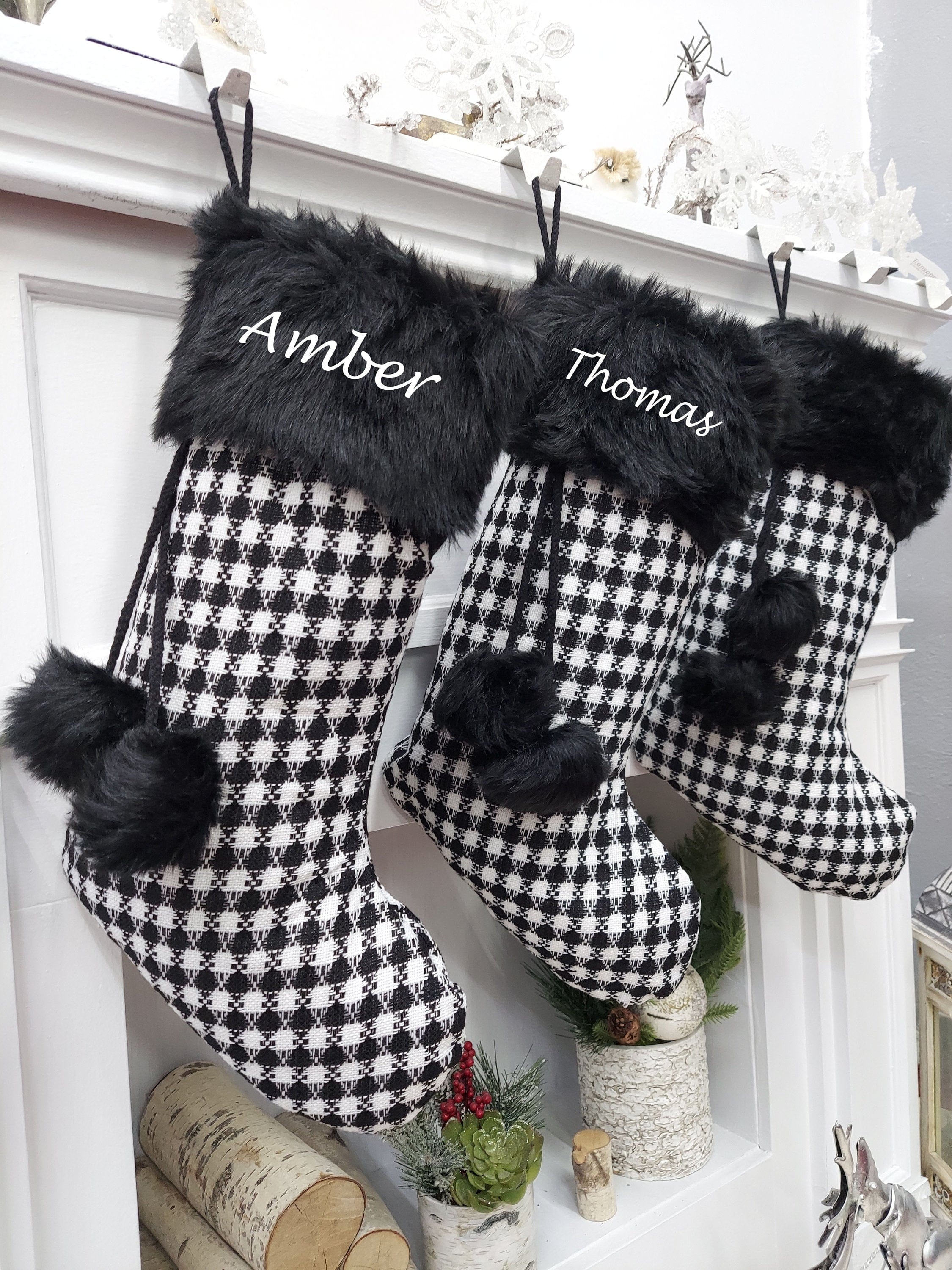 CHRISTMAS STOCKINGS 20" Black White Plaid Christmas Stocking | Knit Faux Fur Pom Poms Two Tone Chic Monochromatic Holiday Decor Personalized Embroidery Name Tag