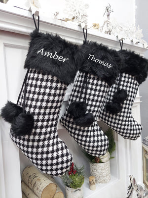CHRISTMAS STOCKINGS 20" Black White Plaid Christmas Stocking | Knit Faux Fur Pom Poms Two Tone Chic Monochromatic Holiday Decor Personalized Embroidery Name Tag