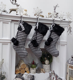 CHRISTMAS STOCKINGS 20" Black White Plaid Christmas Stocking | Knit Faux Fur Pom Poms Two Tone Chic Monochromatic Holiday Decor Personalized Embroidery Name Tag
