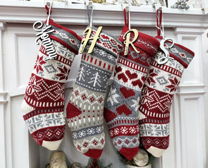 CHRISTMAS STOCKINGS 20" Chunky Grey White Red Knit Christmas Stocking with Heart, Tree, Snowflake Design Engraved Wood Name Tag - Holiday Xmas Gift Personaized