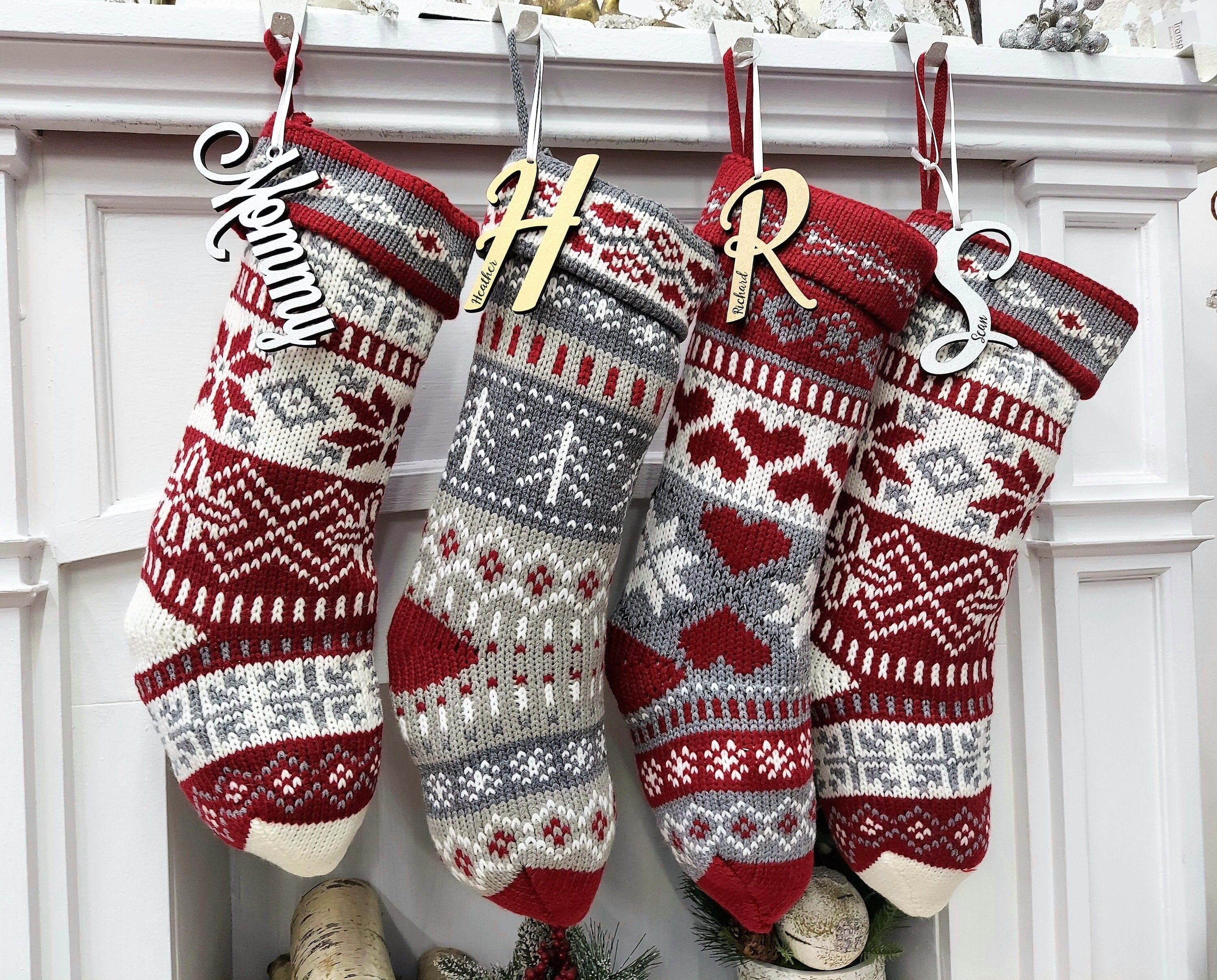 CHRISTMAS STOCKINGS 20" Chunky Grey White Red Knit Christmas Stocking with Heart, Tree, Snowflake Design Engraved Wood Name Tag - Holiday Xmas Gift Personaized