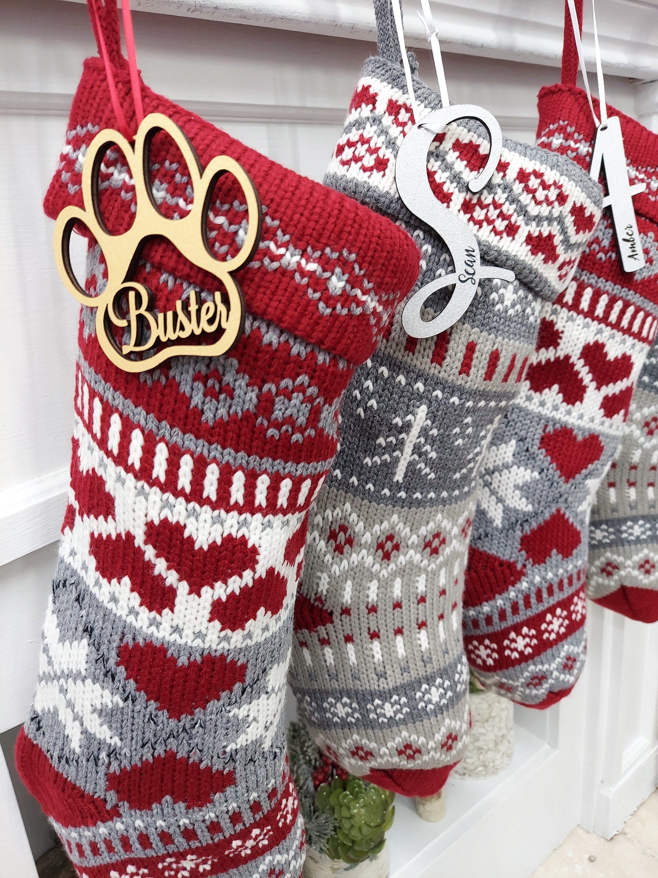 CHRISTMAS STOCKINGS 20" Chunky Grey White Red Knit Christmas Stocking with Heart, Tree, Snowflake Design Engraved Wood Name Tag - Holiday Xmas Gift Personaized