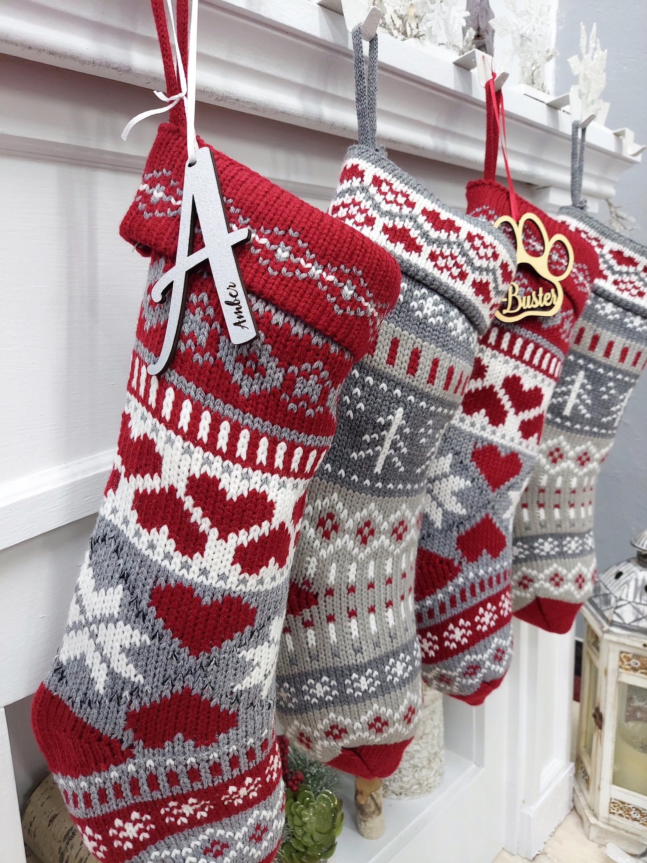 CHRISTMAS STOCKINGS 20" Chunky Grey White Red Knit Christmas Stocking with Heart, Tree, Snowflake Design Engraved Wood Name Tag - Holiday Xmas Gift Personaized
