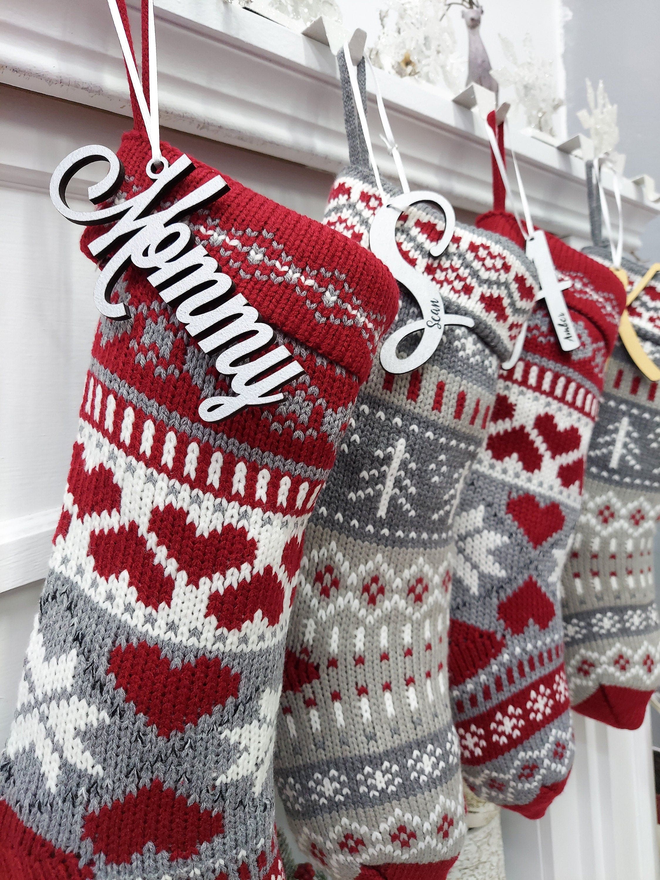 CHRISTMAS STOCKINGS 20" Chunky Grey White Red Knit Christmas Stocking with Heart, Tree, Snowflake Design Engraved Wood Name Tag - Holiday Xmas Gift Personaized