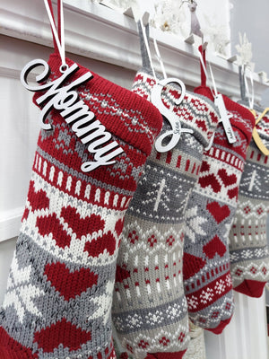 CHRISTMAS STOCKINGS 20" Chunky Grey White Red Knit Christmas Stocking with Heart, Tree, Snowflake Design Engraved Wood Name Tag - Holiday Xmas Gift Personaized