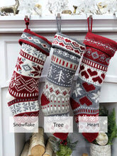 CHRISTMAS STOCKINGS 20" Chunky Grey White Red Knit Christmas Stocking with Heart, Tree, Snowflake Design Engraved Wood Name Tag - Holiday Xmas Gift Personaized
