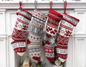 CHRISTMAS STOCKINGS 20" Chunky Grey White Red Knit Christmas Stocking with Heart, Tree, Snowflake Design Engraved Wood Name Tag - Holiday Xmas Gift Personaized