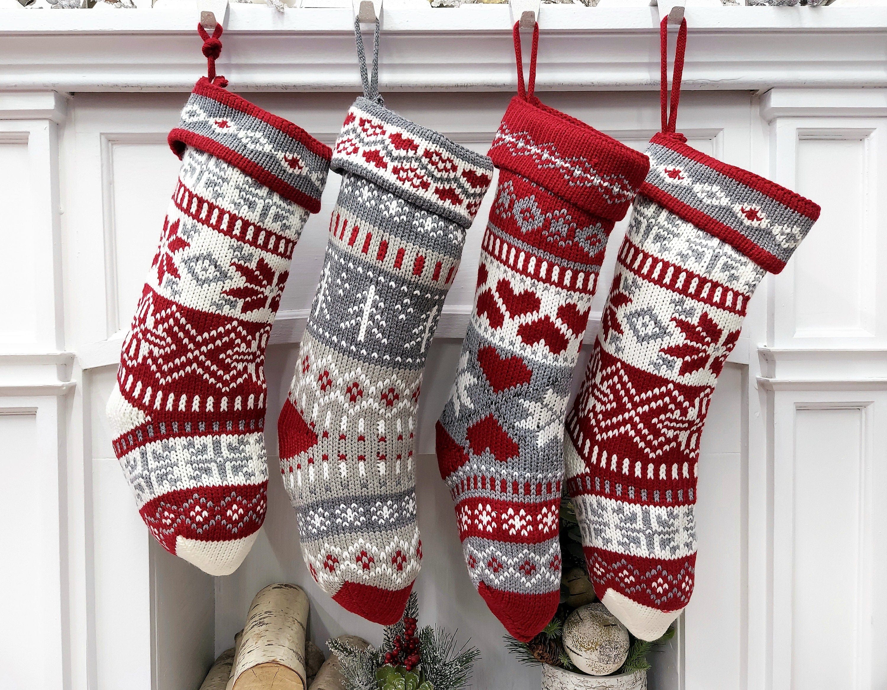 CHRISTMAS STOCKINGS 20" Chunky Grey White Red Knit Christmas Stocking with Heart, Tree, Snowflake Design Engraved Wood Name Tag - Holiday Xmas Gift Personaized