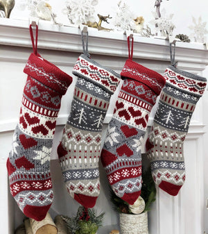 CHRISTMAS STOCKINGS 20" Chunky Grey White Red Knit Christmas Stocking with Heart, Tree, Snowflake Design Engraved Wood Name Tag - Holiday Xmas Gift Personaized