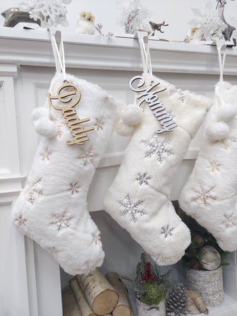 CHRISTMAS STOCKINGS 20" Fuzzy Plush Snowflake Christmas Stockings | Bright White Gold Sequins Ivory Silver Sequins Holiday Decor Personalized Wood Name Tag