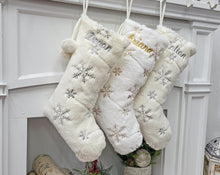 CHRISTMAS STOCKINGS 20" Fuzzy Plush Snowflake Christmas Stockings | Bright White Gold Sequins Ivory Silver Sequins Holiday Decor Personalized Wood Name Tag
