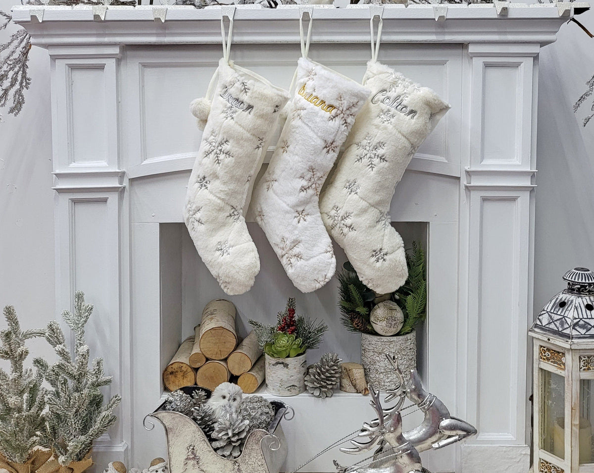CHRISTMAS STOCKINGS 20" Fuzzy Plush Snowflake Christmas Stockings | Bright White Gold Sequins Ivory Silver Sequins Holiday Decor Personalized Wood Name Tag