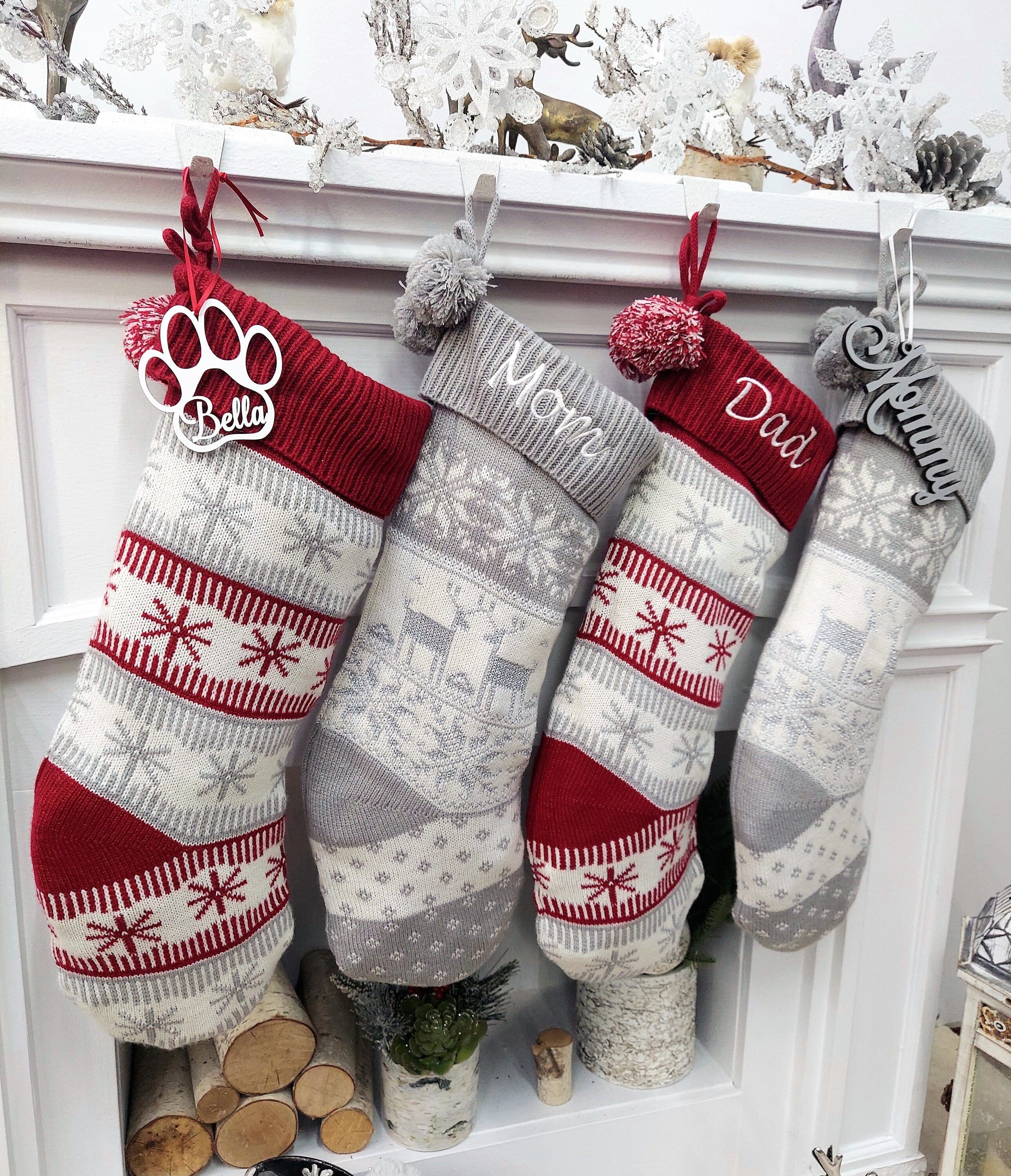 CHRISTMAS STOCKINGS 20" Grey/White Knit Christmas Stocking with Deer/Snowflake Design, Pom Pom, Embroidered or Engraved Name Tag - Holiday Xmas Gift Bag Decor